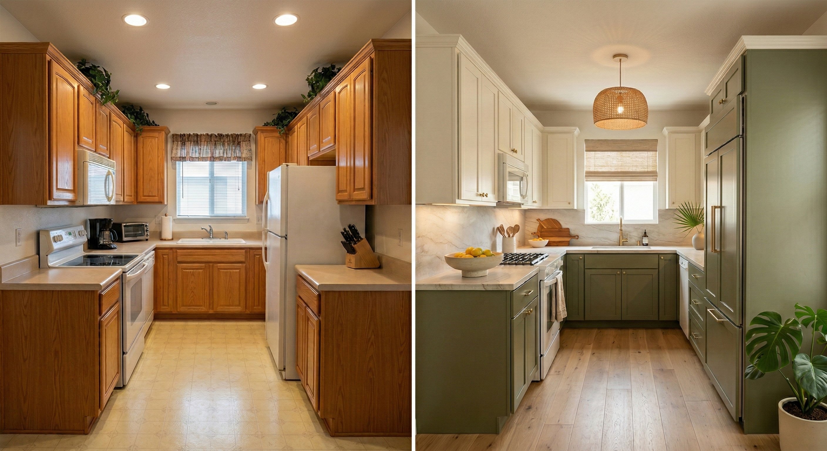 Oak kitchen to cream and olive green with zellige tiles.