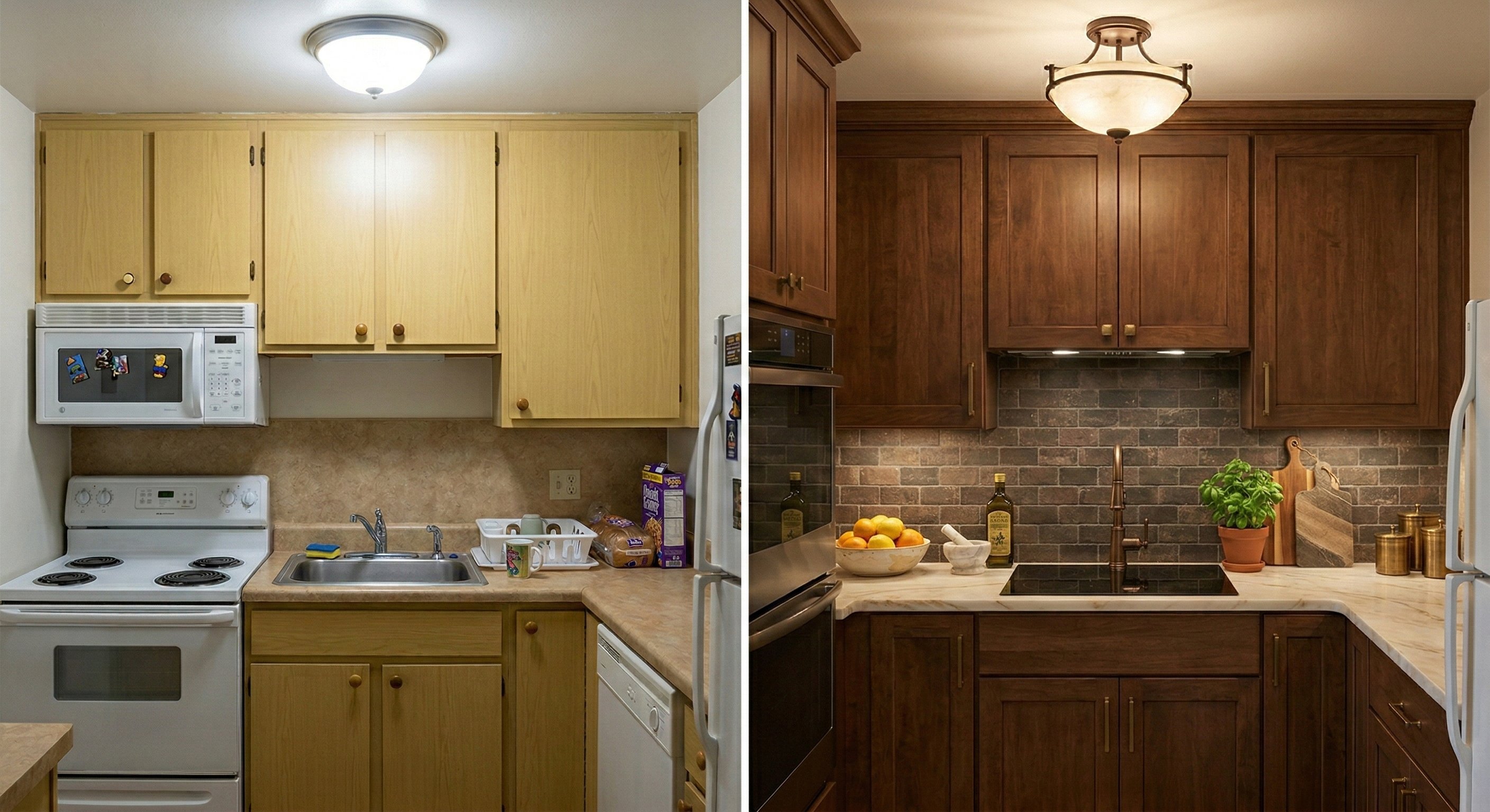 Maple kitchen to dark walnut with stone backsplash.