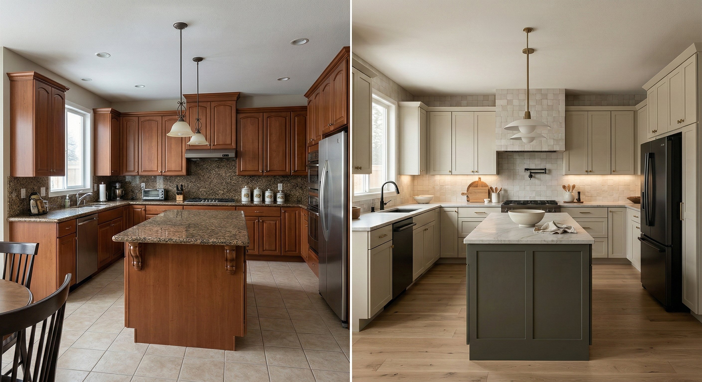 Cherry kitchen to cream and olive green with zellige tile.