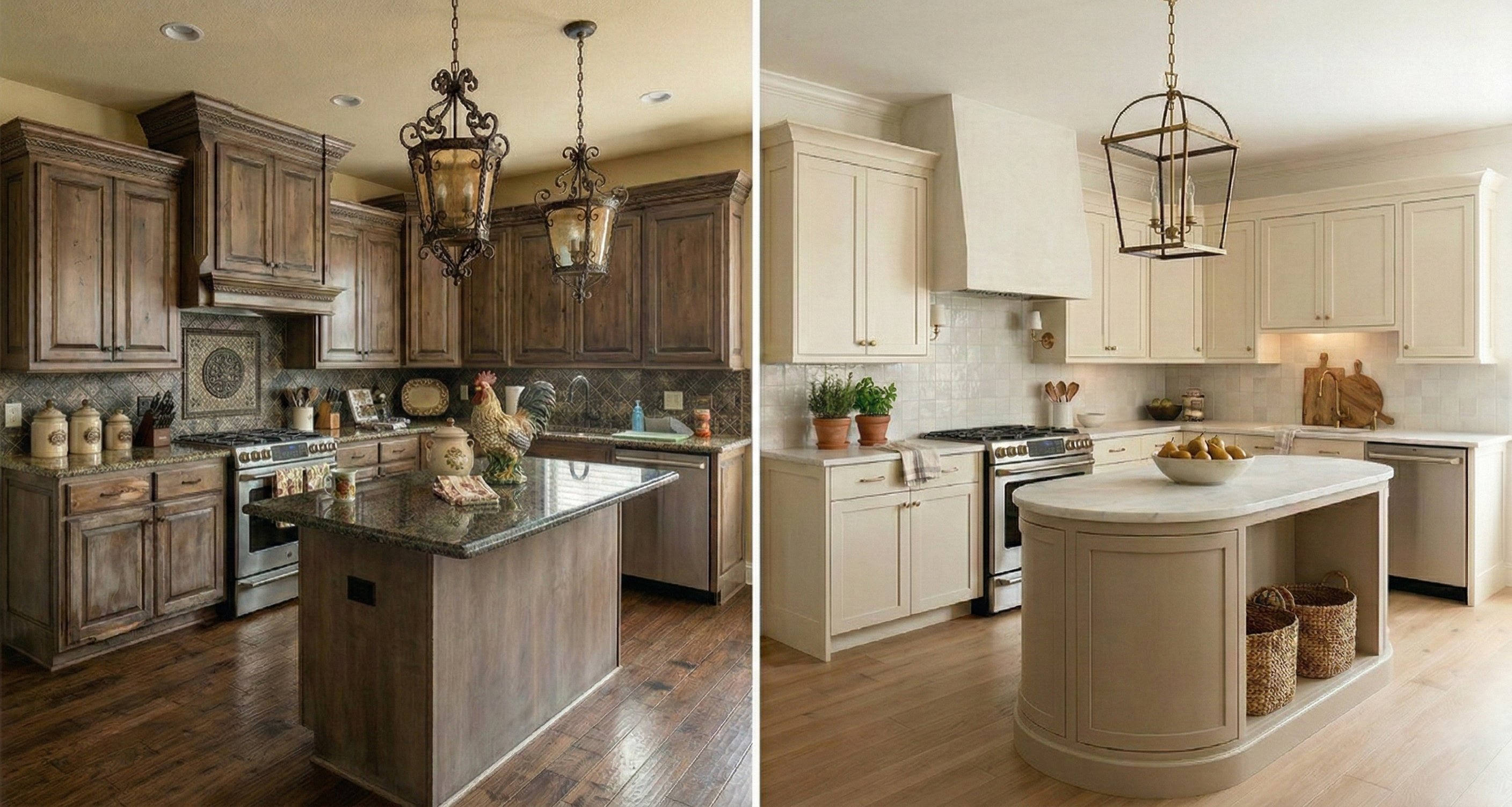 Tuscan kitchen to cream and taupe with a lantern pendant.