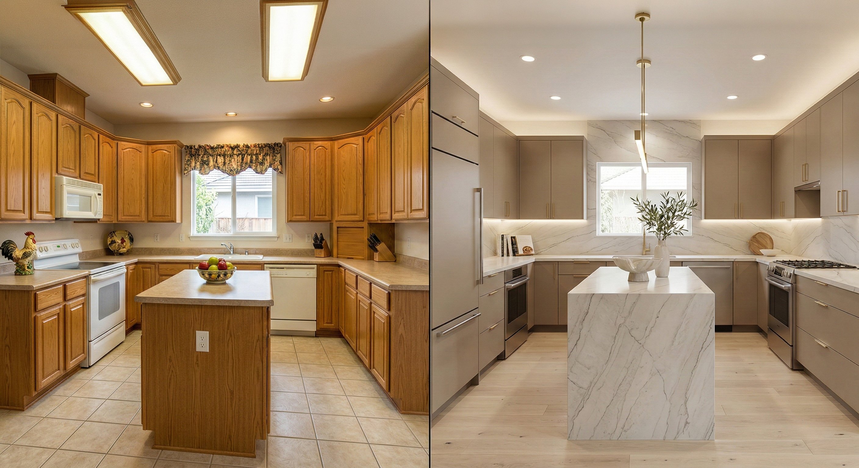 Oak kitchen to greige flat-panels and waterfall marble island.
