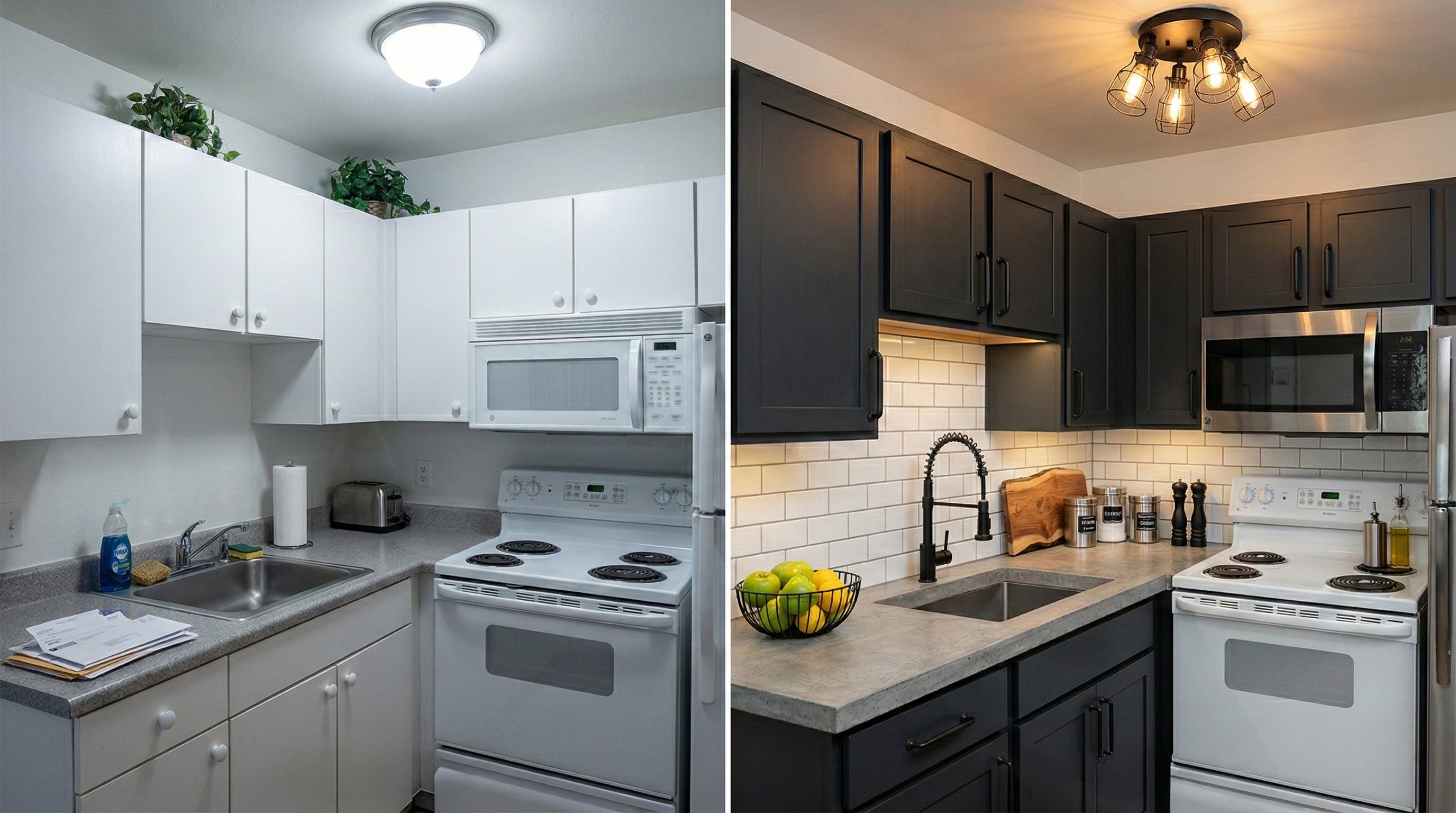 White cabinets to dark charcoal with white subway tile.