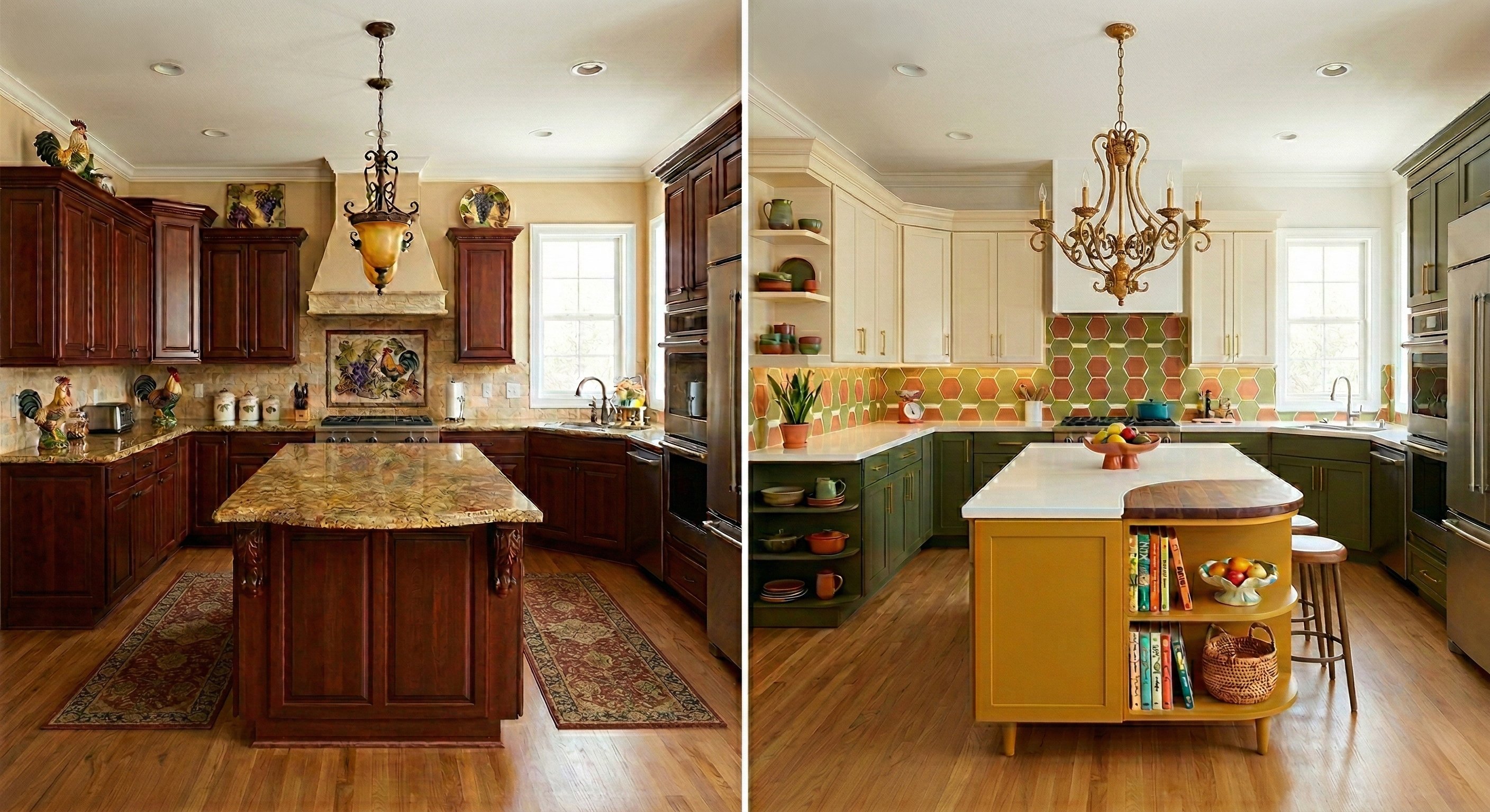 Tuscan kitchen to green and mustard with hexagonal tiles.