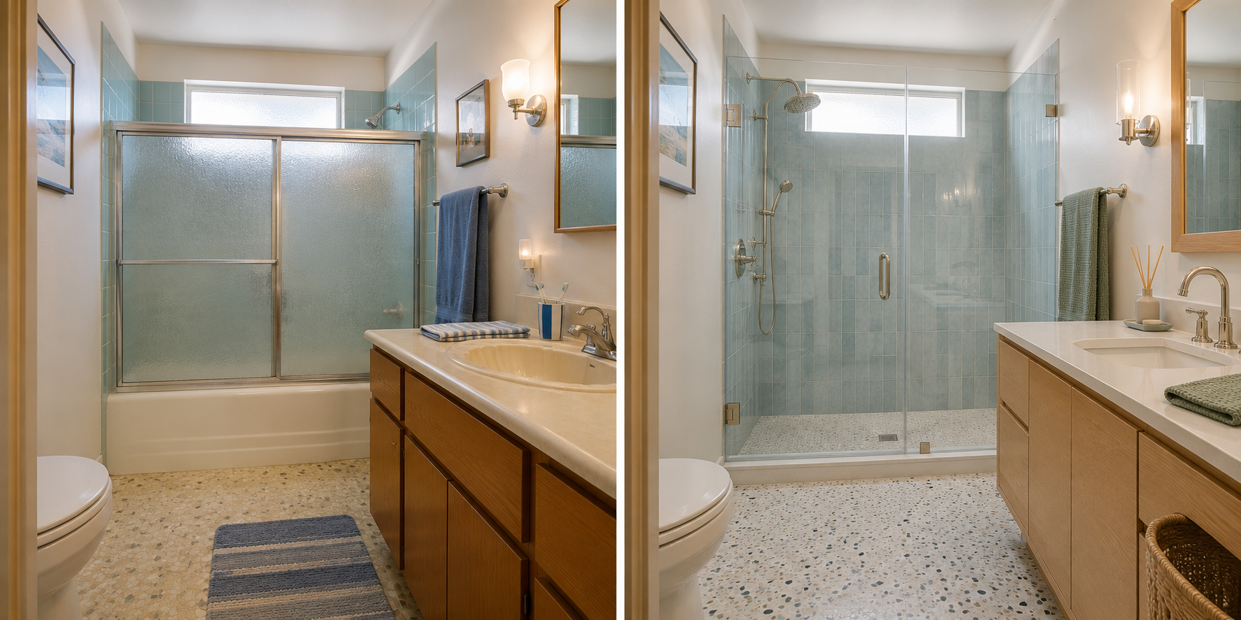 Coastal Midcentury Ranch — Blue Tile and Polished Nickel Glass Shower