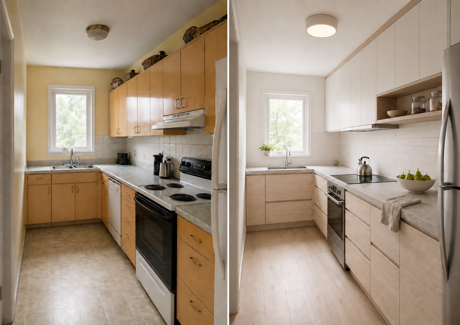 Bright Scandinavian Galley Kitchen, Side Wall View