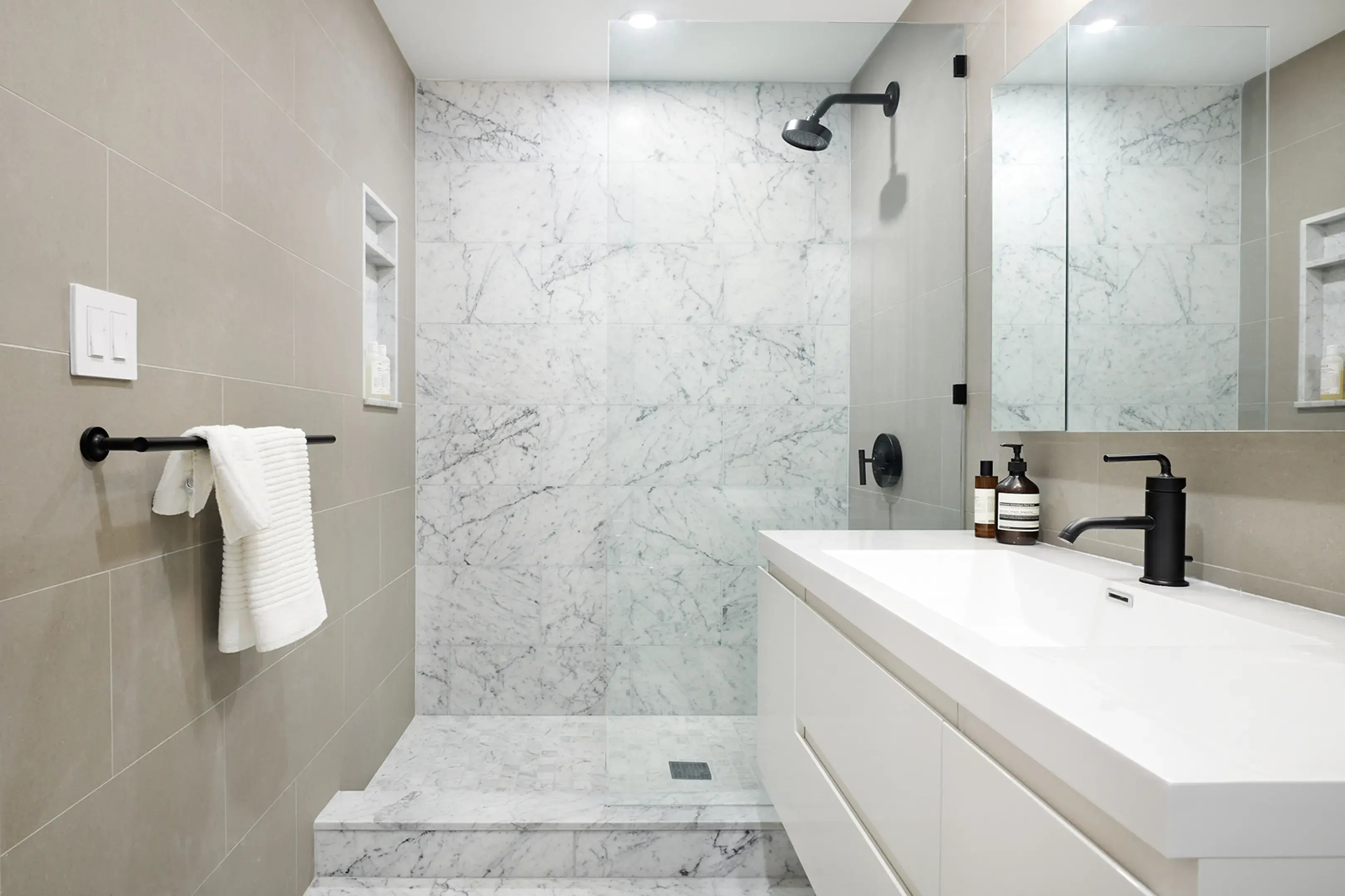 Easy to Clean Guest Bathroom With Stone Interior