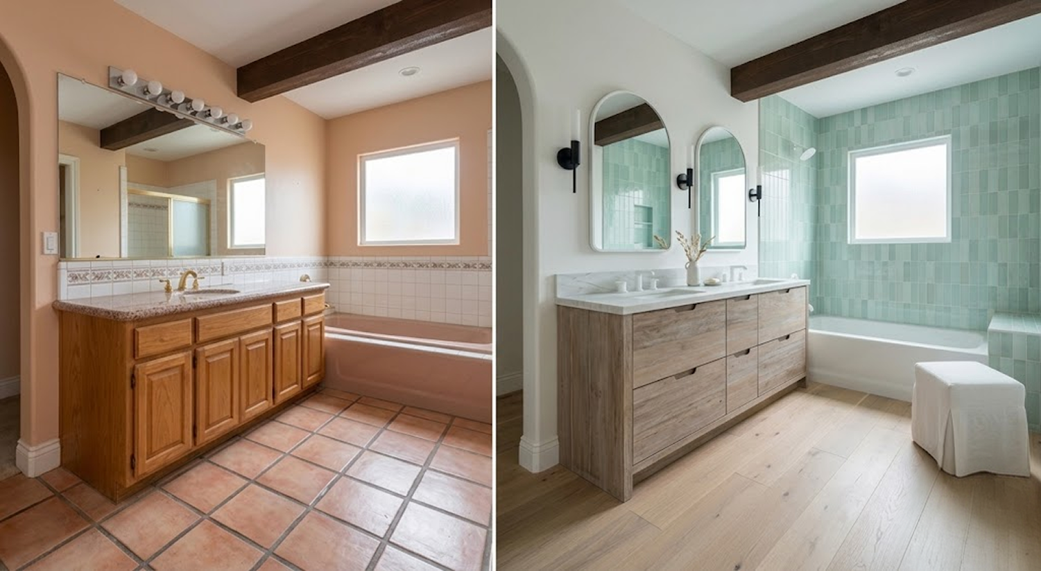  Peach walls and terra cotta floors traded for fresh mint tile.