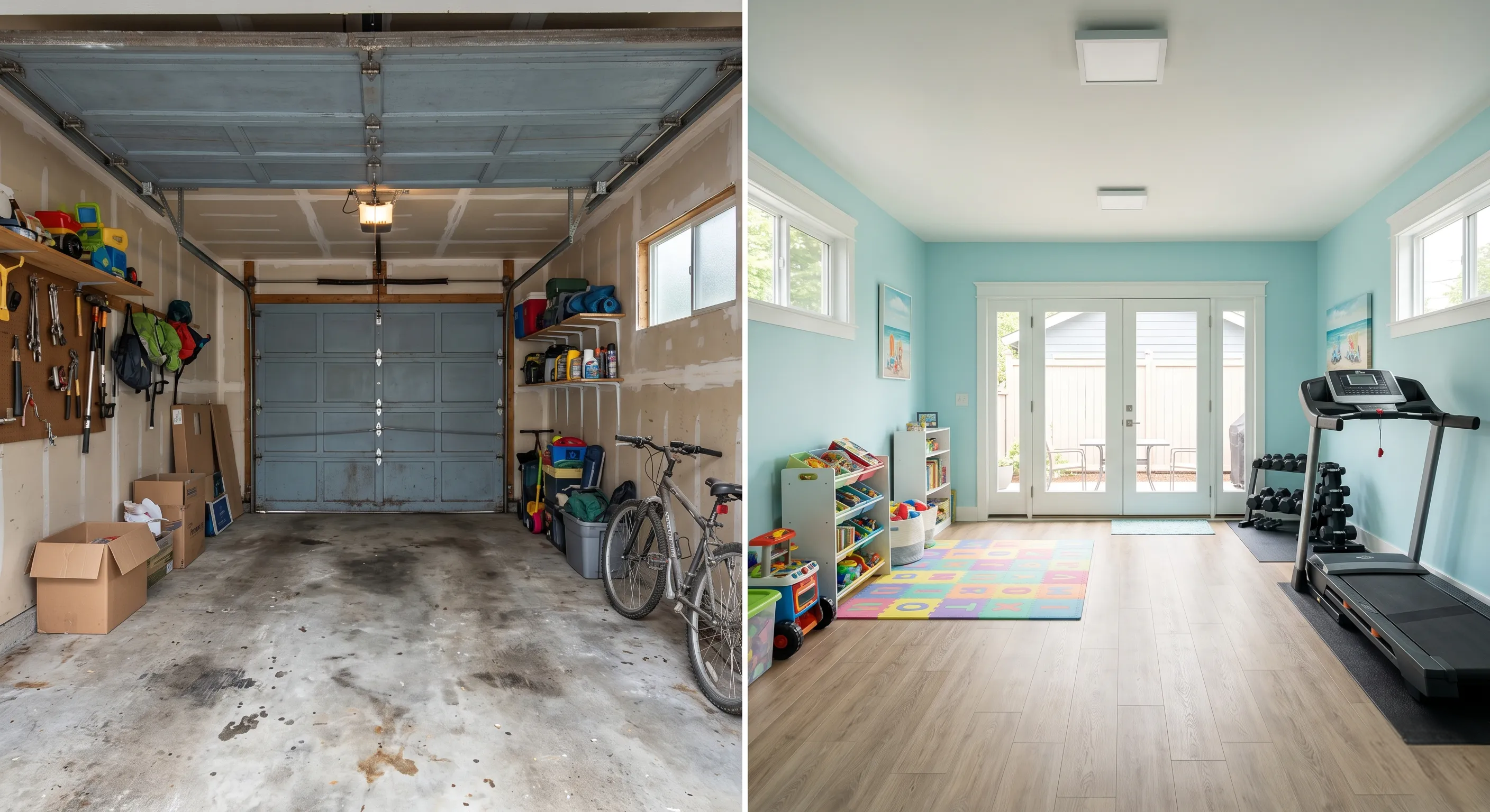 A before-and-after image showing a messy garage transformed into a bright, light blue playroom and home gym.