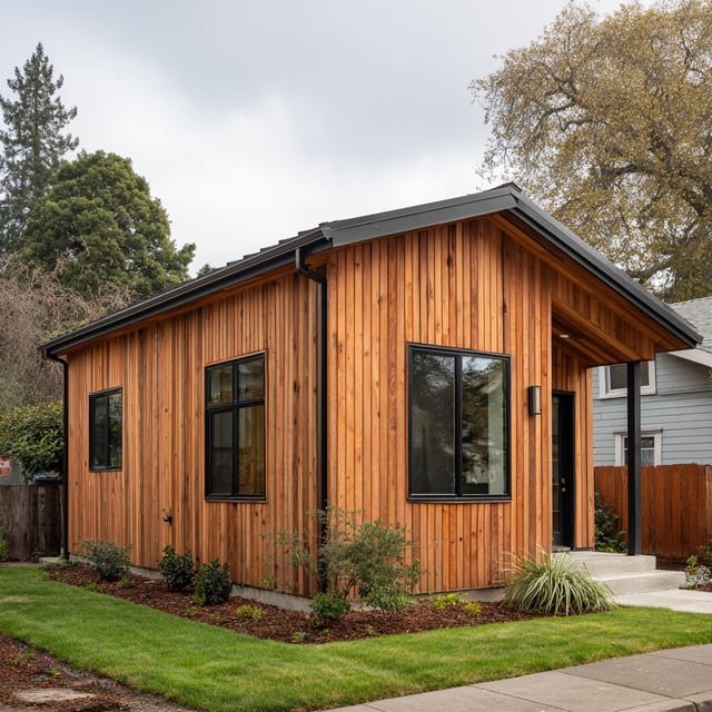 A small, modern accessory dwelling unit (ADU) with vertical wood siding and black-framed windows, surrounded by grass and landscaping.