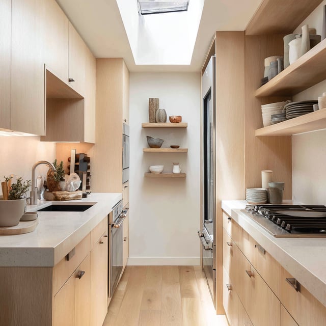 A modern galley kitchen with light wood cabinets, shelving, and skylight.