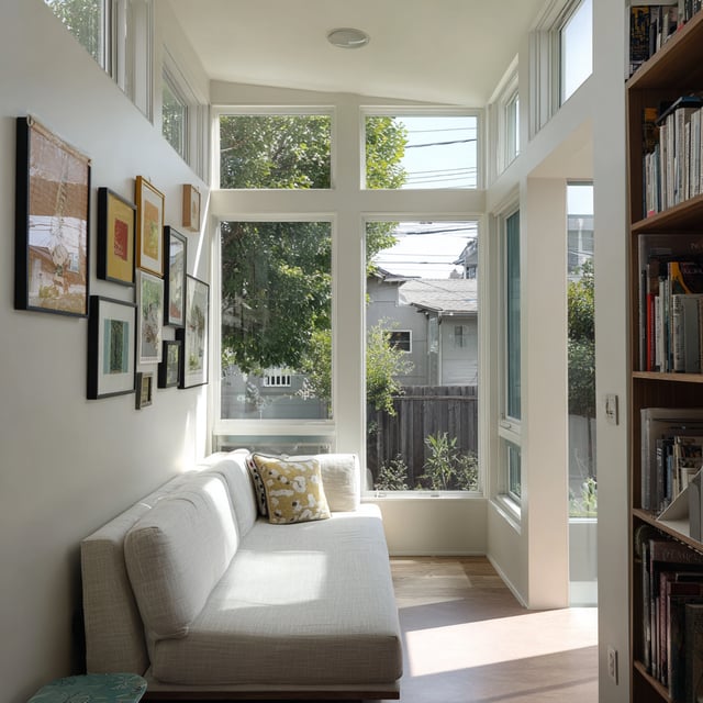  Sunlit modern sunroom with a white sofa and gallery wall.