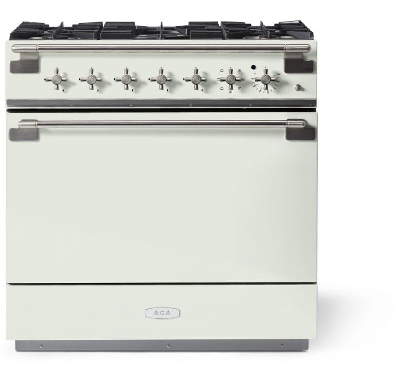 Cream AGA Elise gas range with elegant brushed nickel trim.