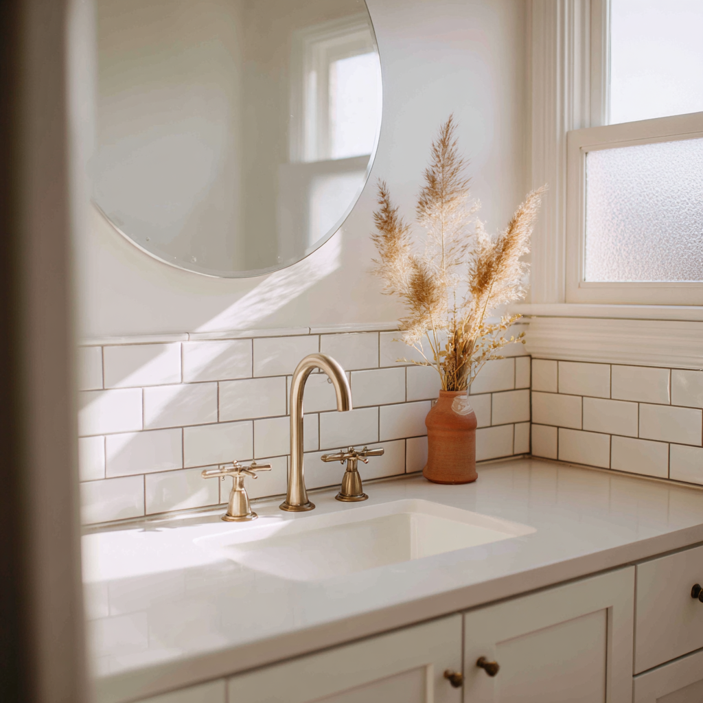 The full wall of dramatic white marble with bold gold and grey veining running floor to ceiling behind a long navy blue floating vanity cabinet, with two square white vessel sinks sitting on top of a white marble countertop, individual silver faucets mounted directly into the marble surface beside each sink, and a long horizontal mirror spanning the full width of the vanity with warm gold-toned sconce lights on either side.