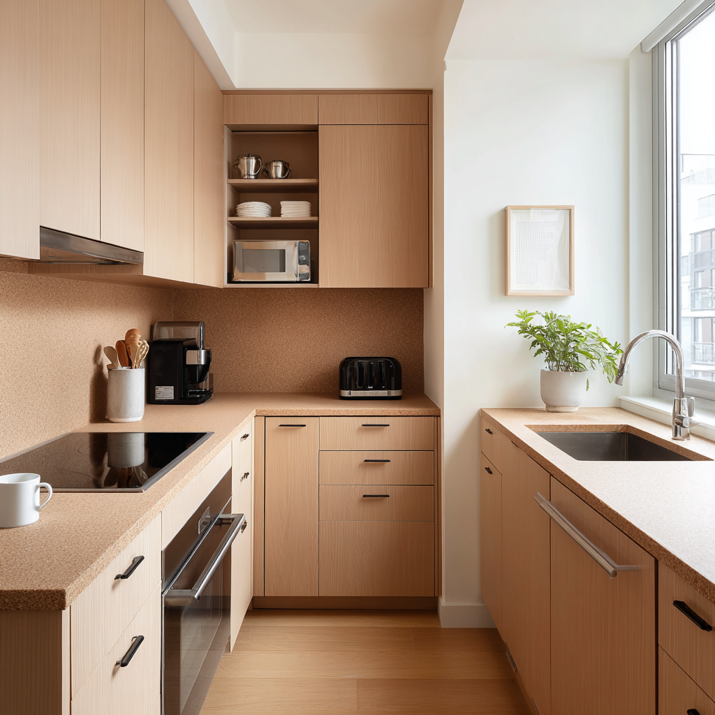 A_compact_apartment_kitchen_featuring_matte_cork