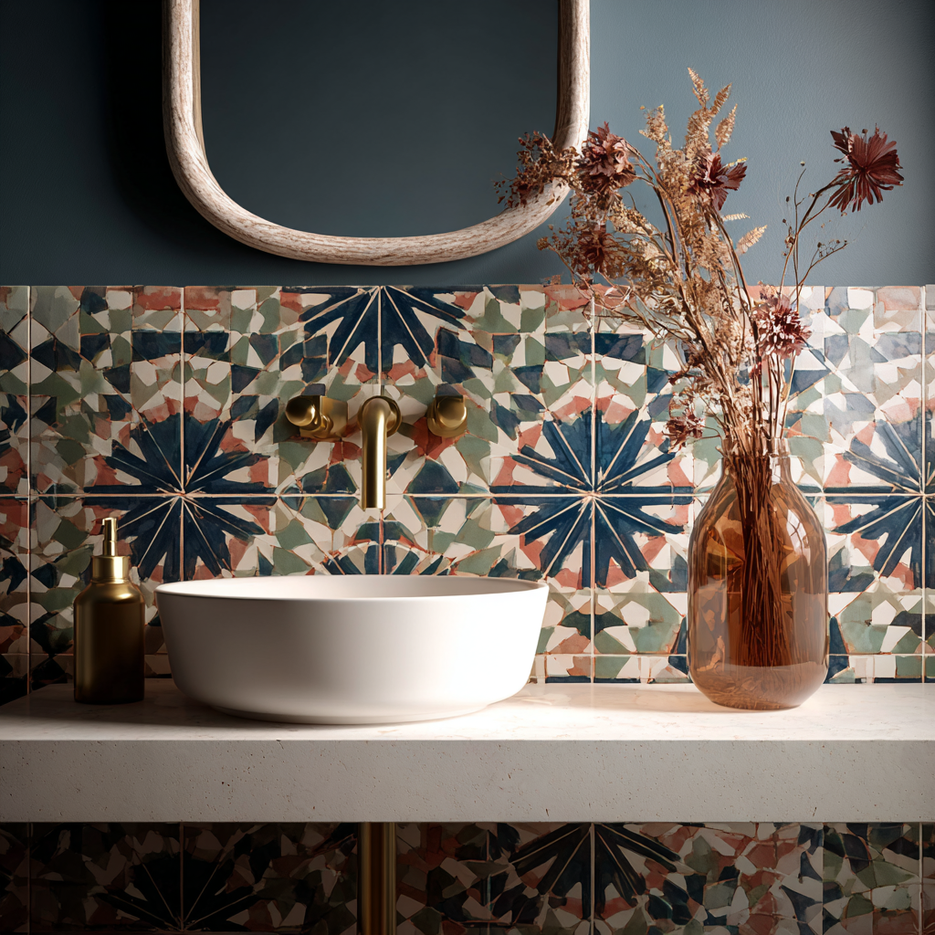  The backsplash of bold patterned tiles in deep navy blue, terracotta orange-red, sage green and cream white, with a round white vessel sink on a white countertop, a gold-toned faucet mounted directly on the countertop, a large amber-colored glass vase with dried flowers to the right, and a rounded square mirror with a pale wood frame above. The wall above the tile is painted dark teal blue. 