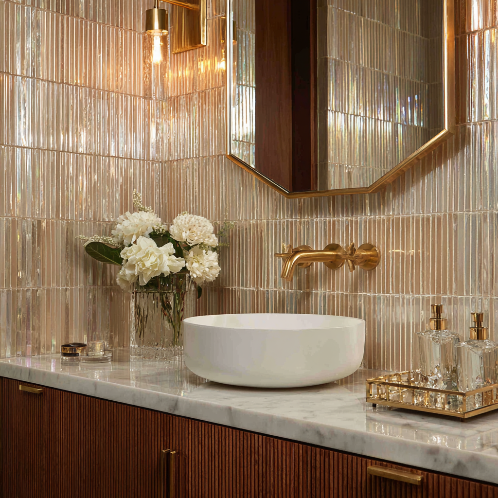 The floor-to-ceiling wall of narrow vertical glass tiles in a warm champagne and pale gold tone, with a round white vessel sink on a white marble countertop, a dark brown wood vanity cabinet below, gold-toned lighting fixtures on either side of an octagonal mirror, and a vase of white flowers on the countertop.