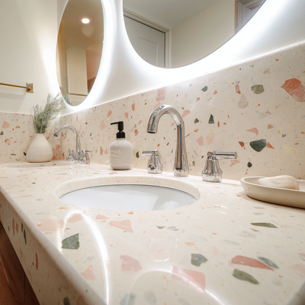  The countertop, backsplash and sink all made from the same terrazzo material in an off-white base with scattered chips of blush pink, sage green and dark charcoal, with a polished silver widespread faucet mounted directly into the terrazzo countertop surface, and two round mirrors with bright white LED backlighting above. 