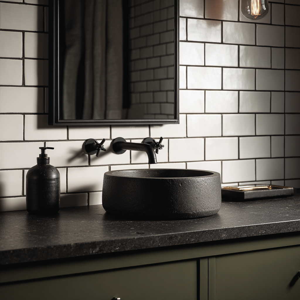 The white subway tile backsplash with very dark charcoal grey grout lines creating a strong grid pattern, with a round black textured stone vessel sink sitting on a black countertop, a matte black faucet mounted directly on the countertop, and dark olive green cabinetry below. A warm-toned exposed bulb light is visible in the upper right corner.