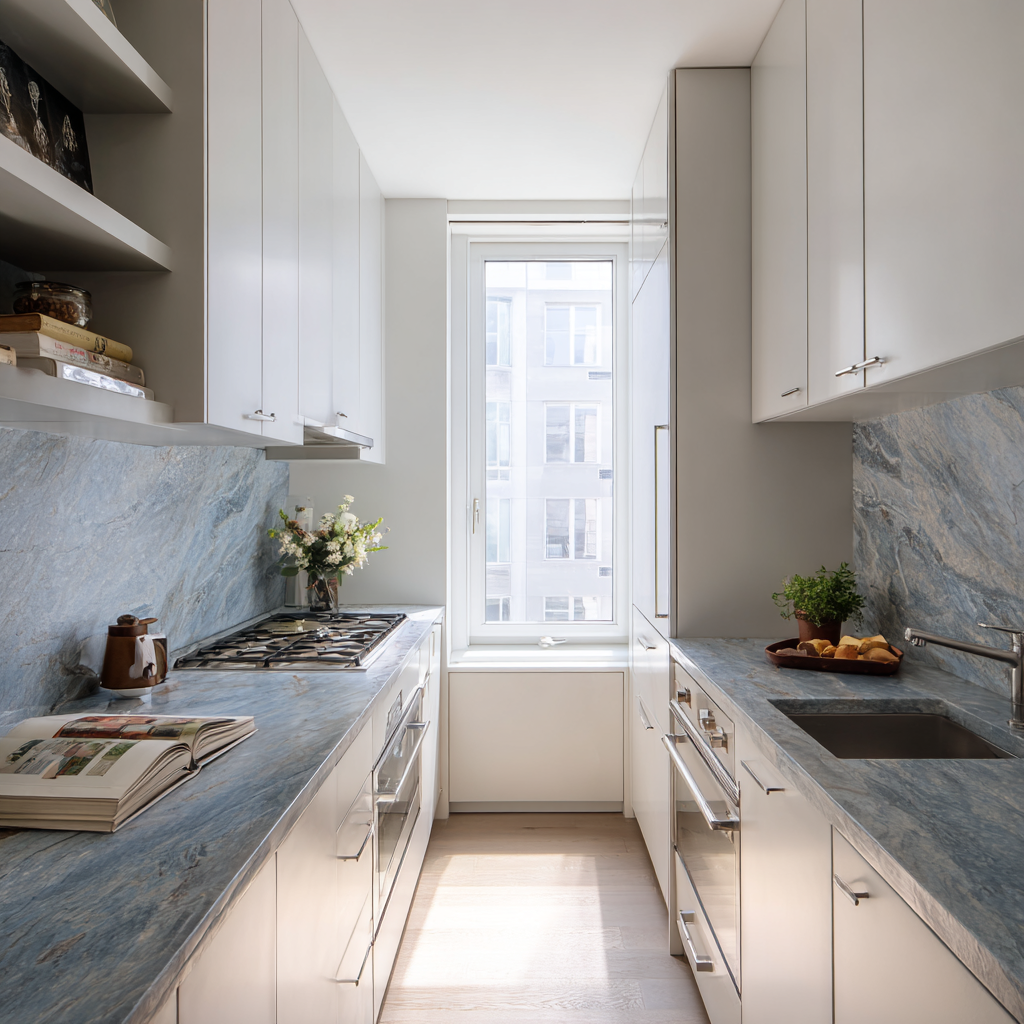 A_narrow_apartment_kitchen_with_recycled_denim_co