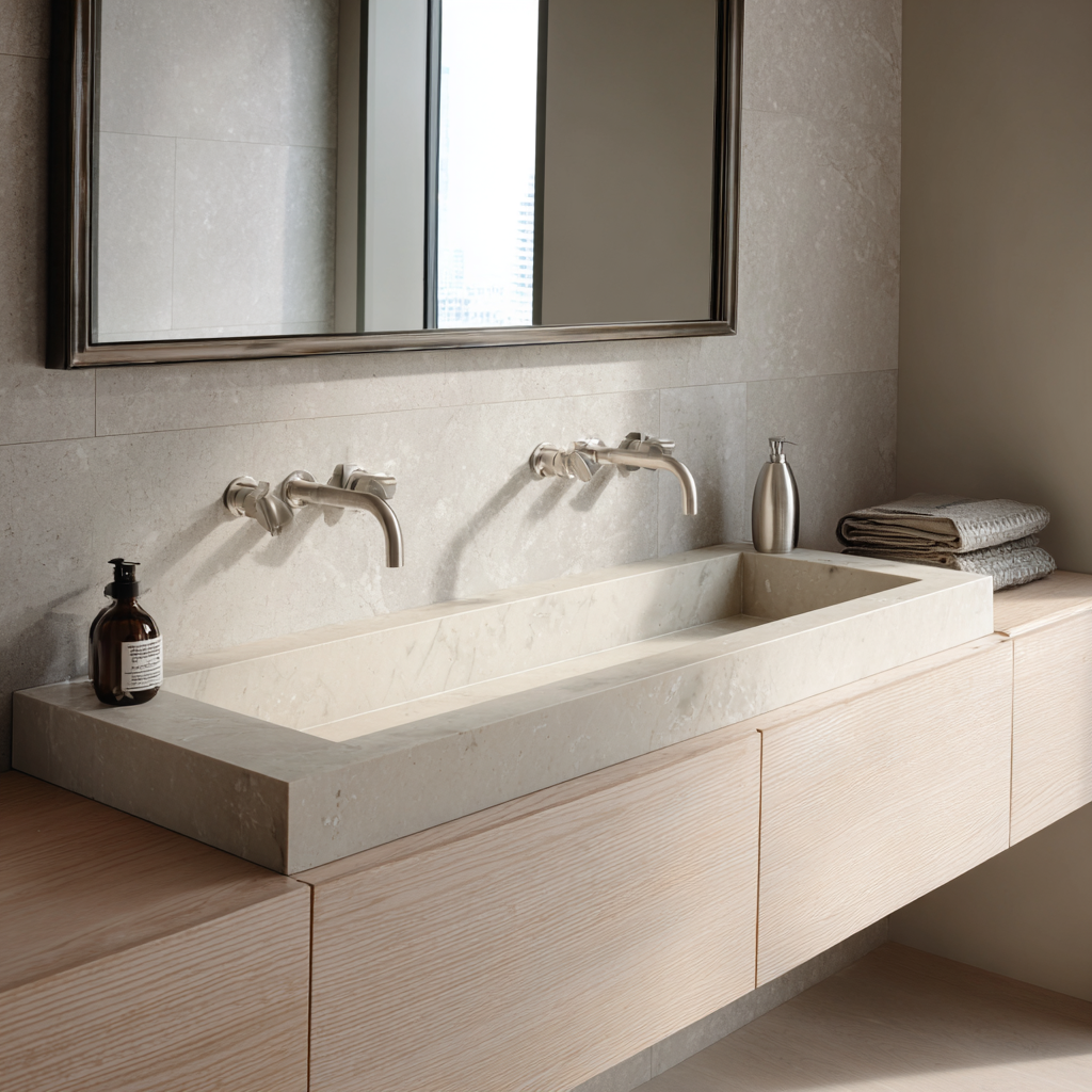 The wide stone-colored trough sink sitting on top of a pale blonde wood floating vanity cabinet, with large light grey stone-look tile covering the wall behind it and two brushed silver faucets mounted directly into the stone sink rim.