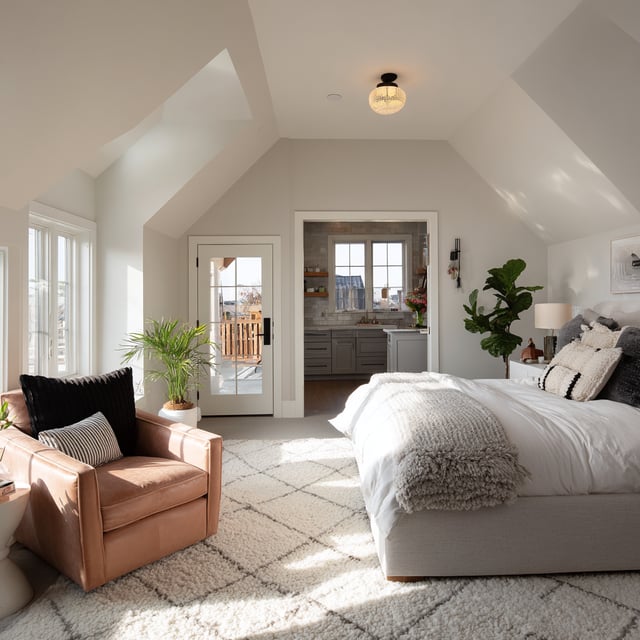 Sunlit above-garage master suite with vaulted white ceilings, soft neutral walls, a plush cream diamond-pattern rug, upholstered bed with layered textured bedding, a caramel leather accent chair, indoor plants, and a cozy modern farmhouse–inspired design accented by natural wood and black hardware.