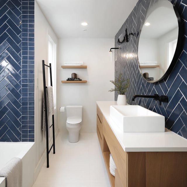  Modern bathroom with blue herringbone tile and wood vanity.