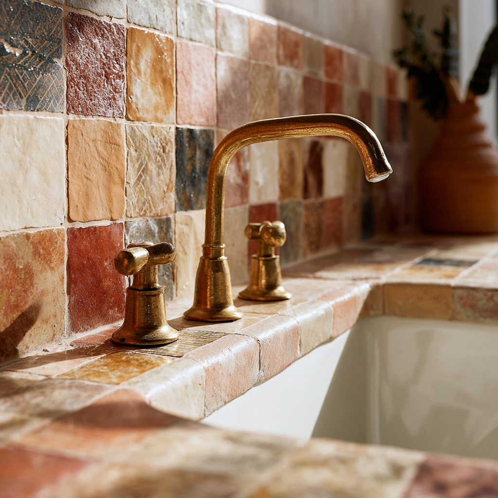 An extreme close-up of an aged gold brass three-hole bridge faucet with separate cross-shaped knob handles for hot and cold, mounted directly through a countertop surface covered in small handmade square tiles in terracotta orange, brick red, dark slate grey and warm cream. The brass has a matte, slightly uneven patina rather than a bright shine.