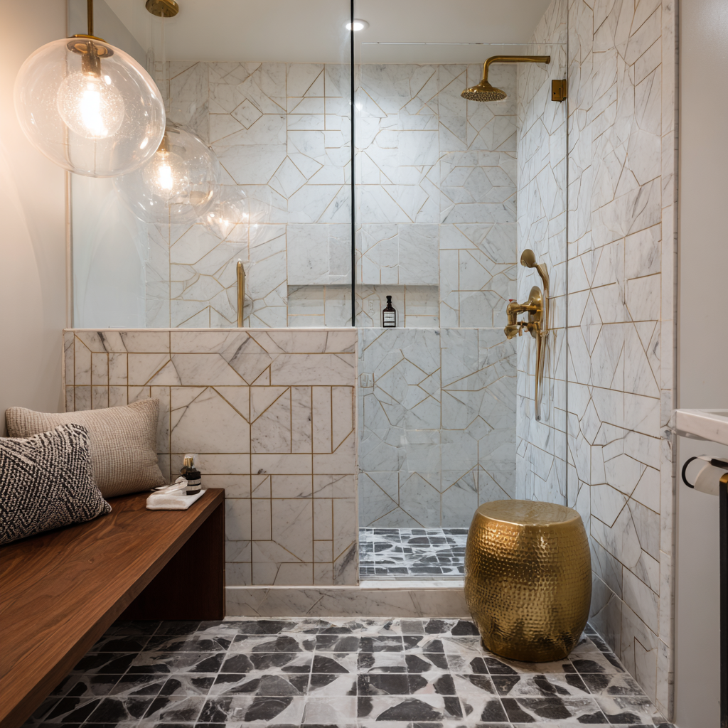 A stylish walk-in shower featuring white marble tile with gold geometric inlay, brass fixtures, a glass partition, a dark stone mosaic floor, and warm accent lighting with a wood bench and metallic stool.