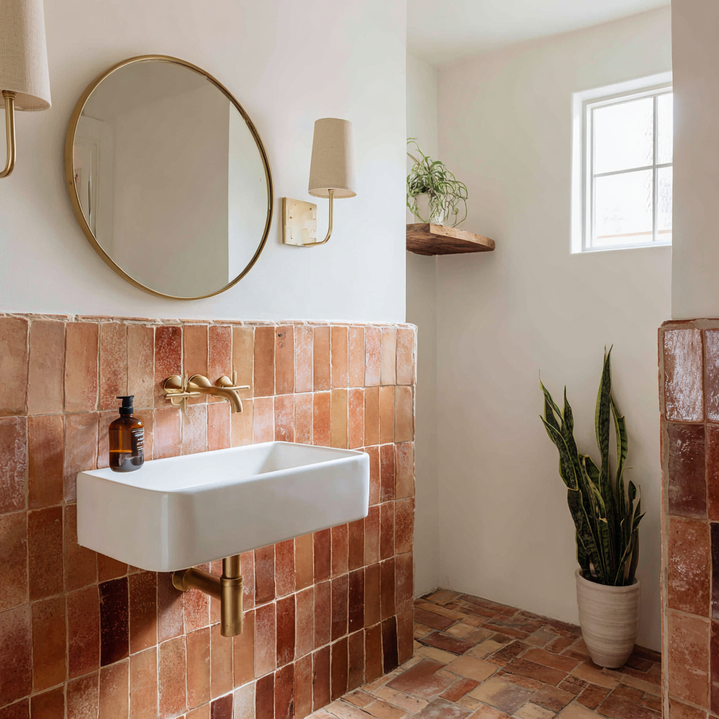  Earthy terracotta tiles, a white sink, and gold fixtures.