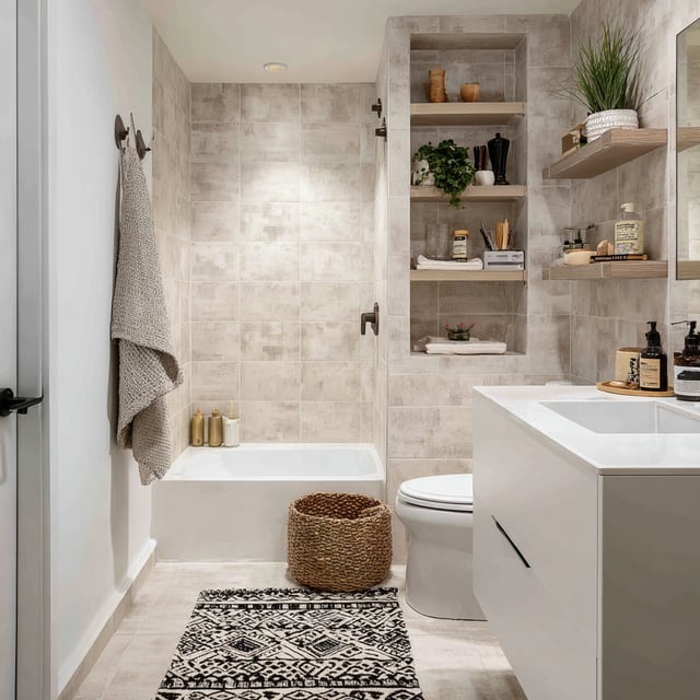 This bathroom features a light-toned, monochromatic design with beige textured wall tiles, a white floating vanity, and multiple built-in wooden shelves for storage.