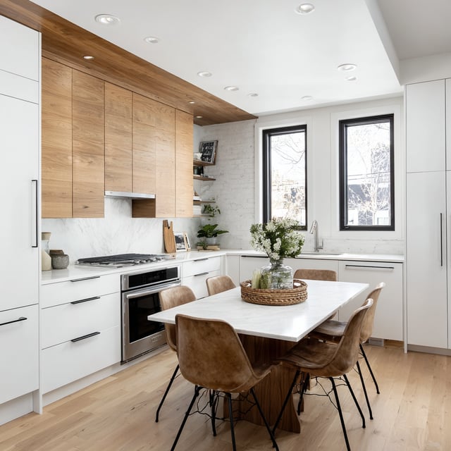 A modern kitchen with white cabinetry, warm wood accents, a marble-topped island with leather dining chairs, black-framed windows, recessed lighting, and light wood flooring filled with natural light.