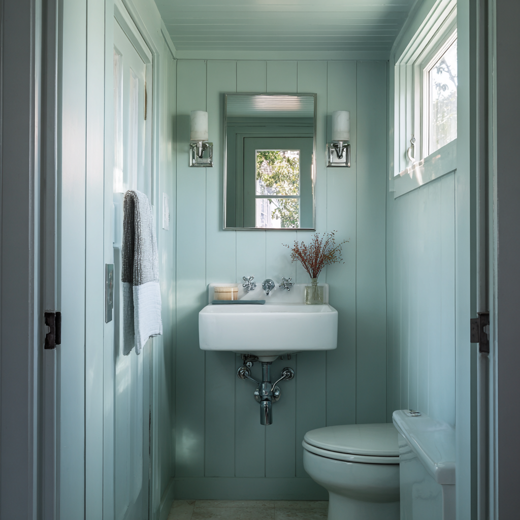 Small mint bathroom with wood paneling and a wall-hung sink.
