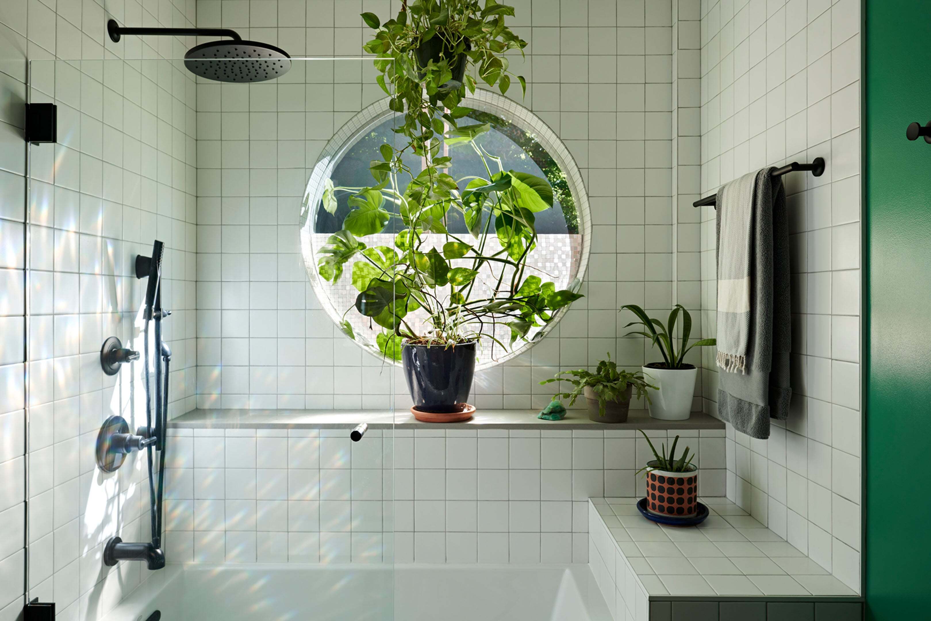White tile shower with round window and lush green plants.