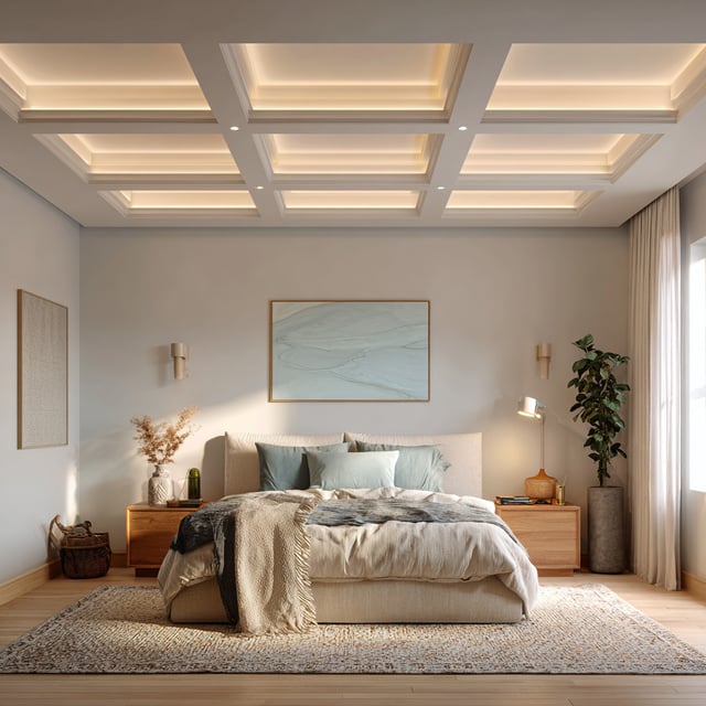Modern bedroom with coffered ceiling, wood floors, and rug.