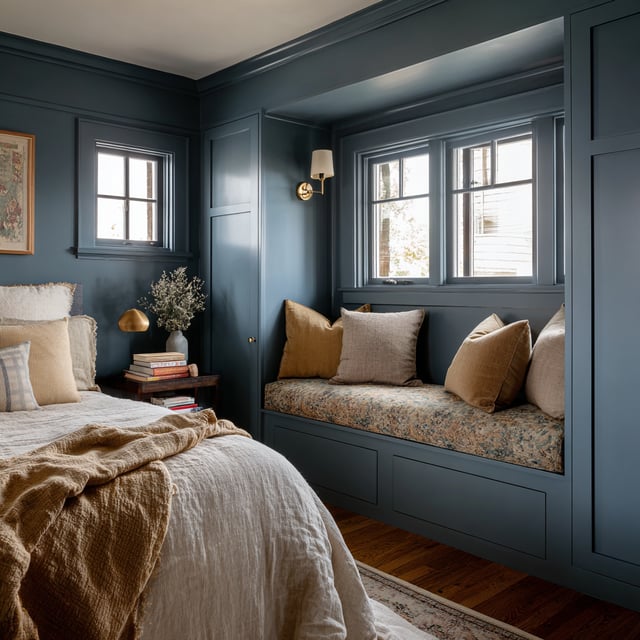 A bedroom features a blue window seat with patterned cushion and pillows, next to a bed with neutral linens.