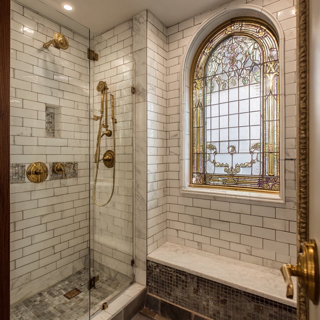 An elegant shower clad in white subway tile with brass fixtures, a glass enclosure, a built-in marble bench, and an arched stained-glass window that adds vintage character and soft light.