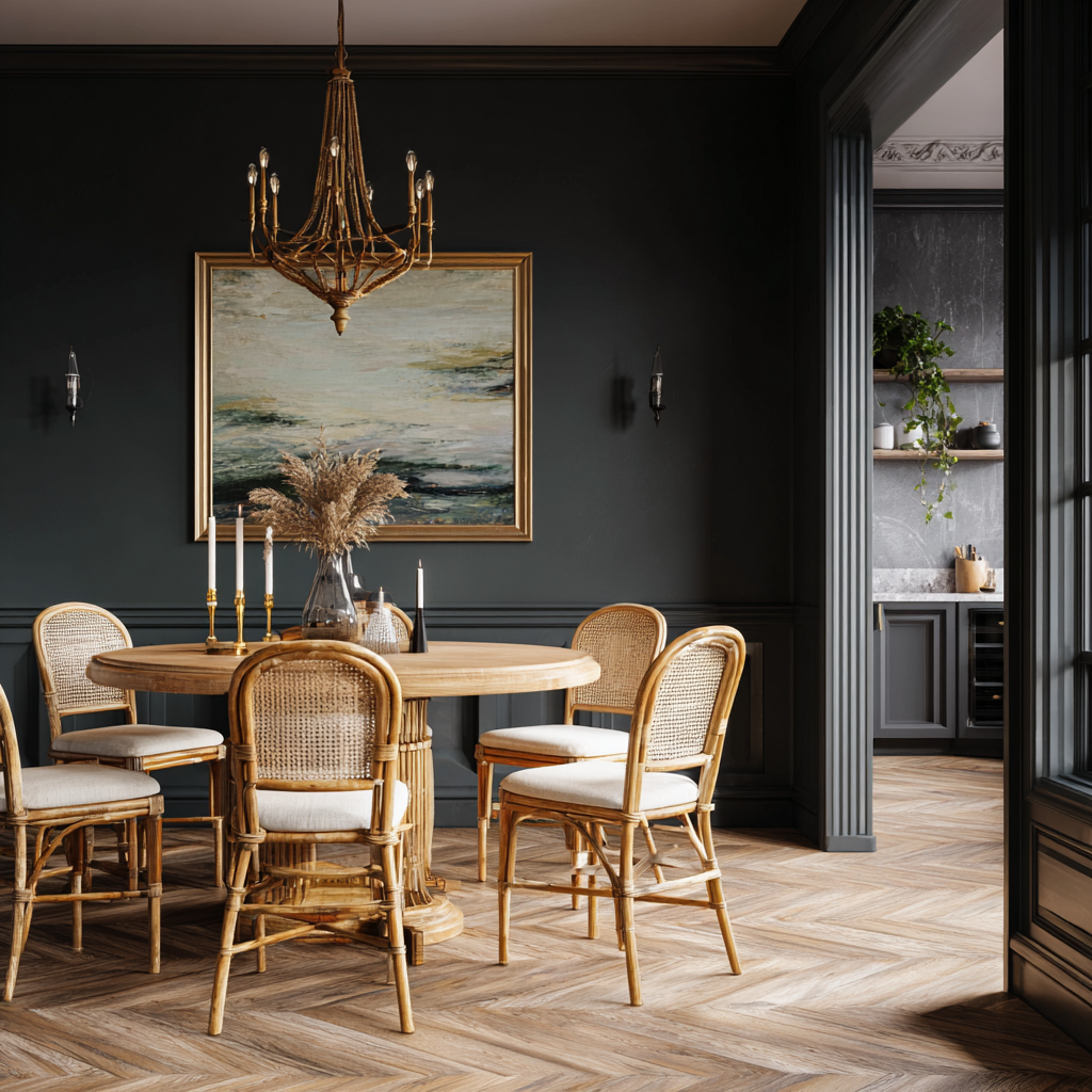  Moody black walls pair with herringbone floors and rattan.