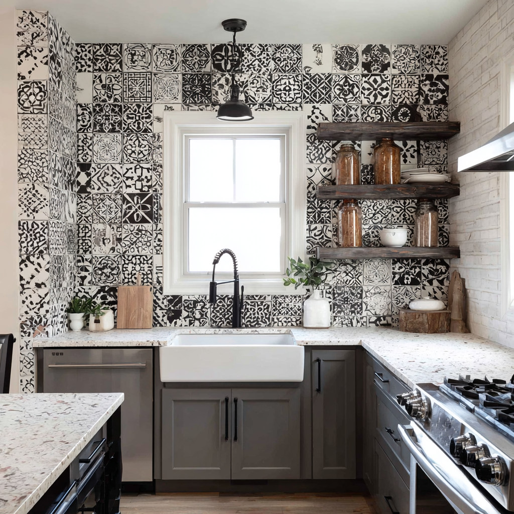 Black and White Tiles Gray Cabinets