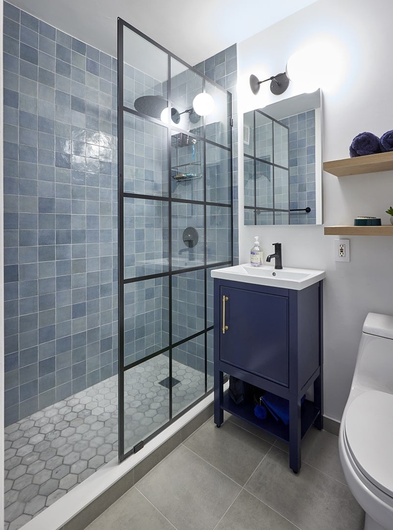 blue new york city bathroom remodel