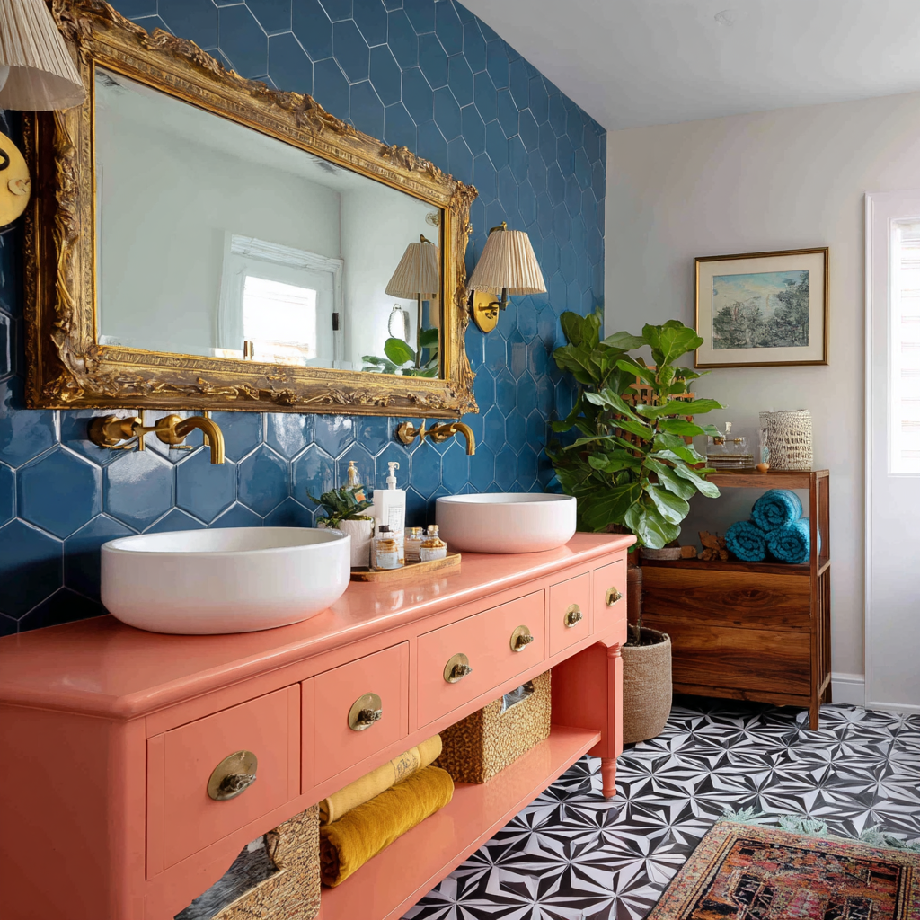 Bright Blue Fun Accent Wall Bathroom