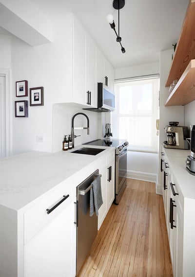 Brooklyn Kitchen Narrow Remodeled Modern Black and White