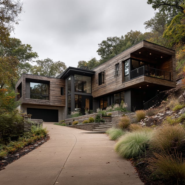 Modern wooden house built on a lush green sloped hillside.