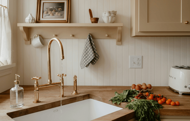 Butcher block in corner with warm metal sink fixtures