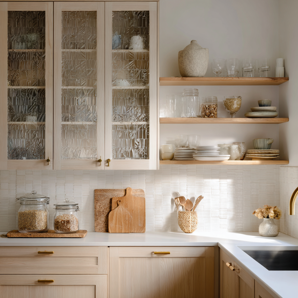 Cabinets With Texturized Glass and Tiles