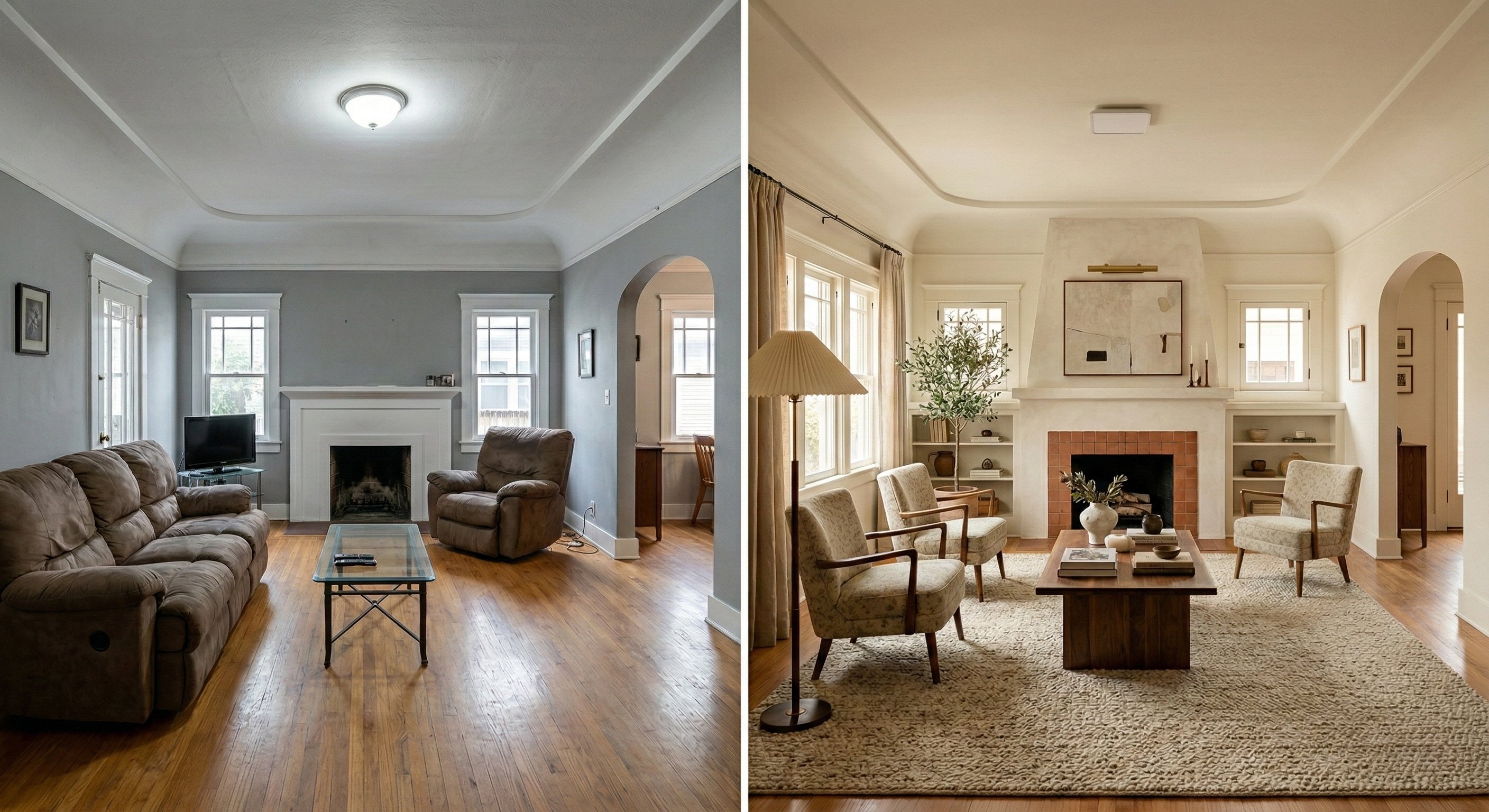 California Bungalow Before and After - Living Room-N