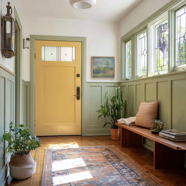 Yellow door and green wainscoting in a bright entryway.