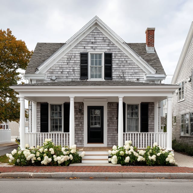 A small, gray shingled Cape Cod-style house with a covered porch, white railing and columns, black shutters, and white hydrangea bushes in front.