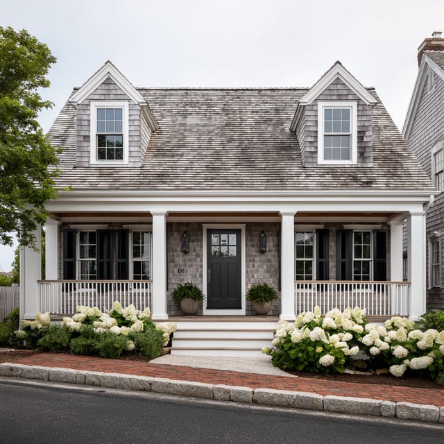 Cape Cod house with cedar shingles and white blooming hydrangeas.
