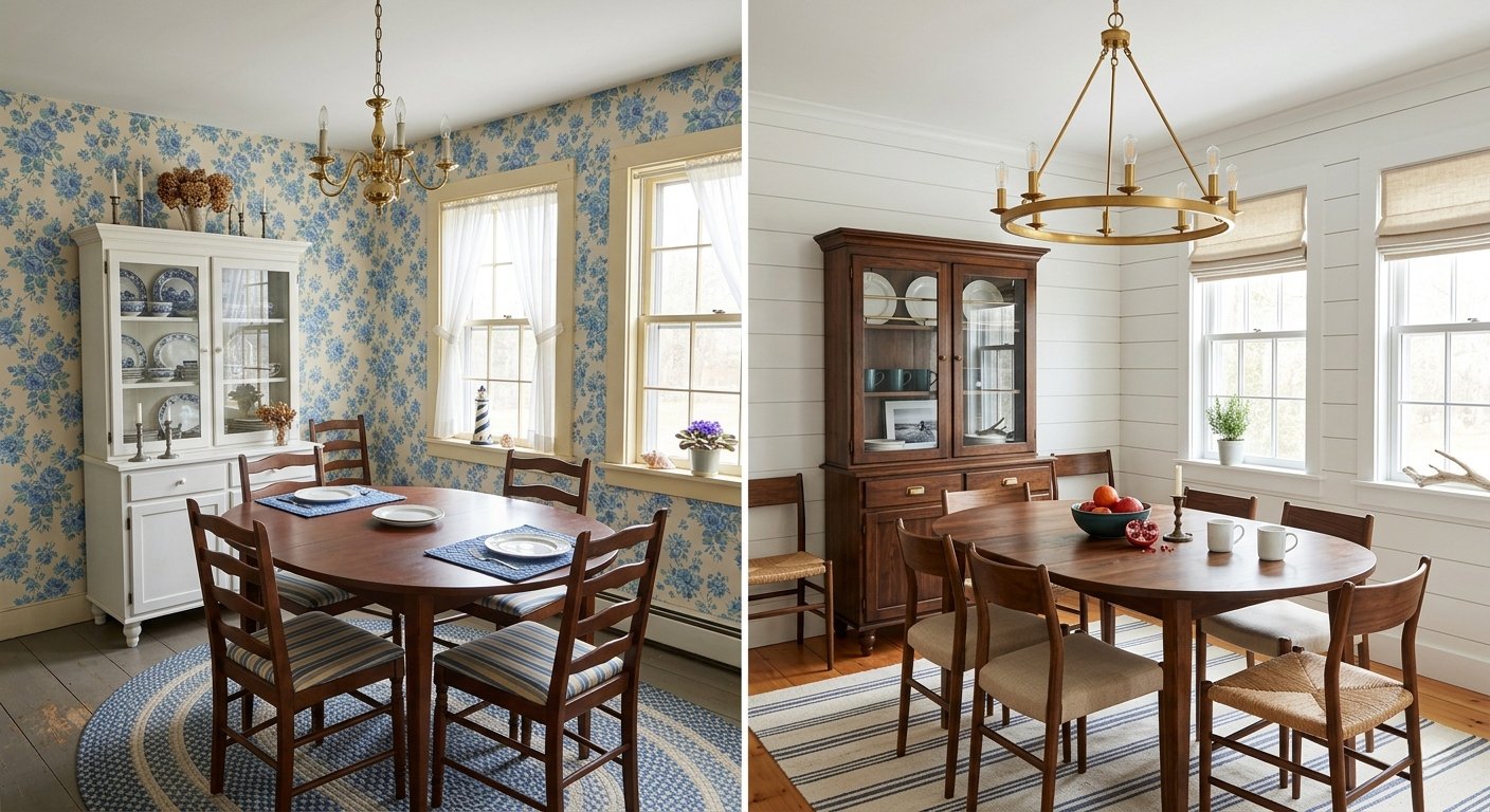 dining room with blue floral wallpaper becoming a shiplap-walled dining room with a brass chandelier
