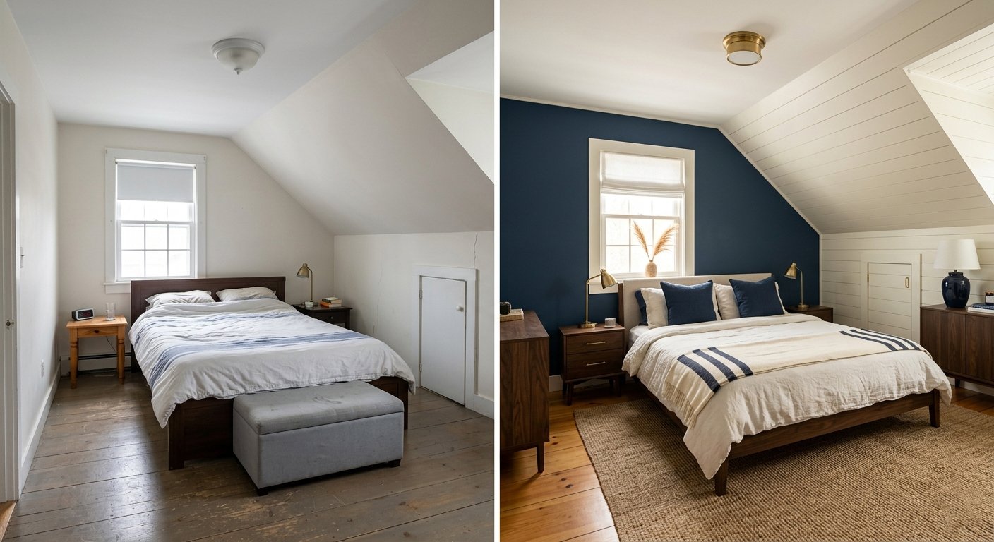 small upstairs bedroom with white walls and scuffed wood floors becoming a bedroom with a navy accent wall and shiplap ceiling